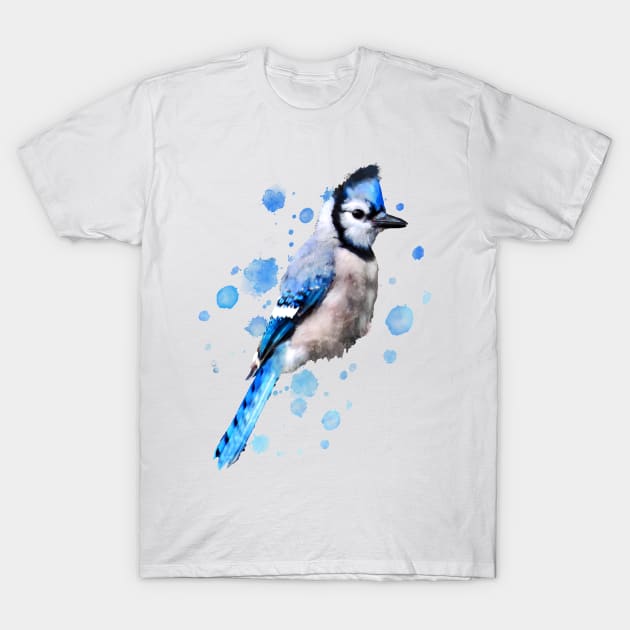 Dramabite Watercolor blue jay bird artistic animal painting T-Shirt by dramabite